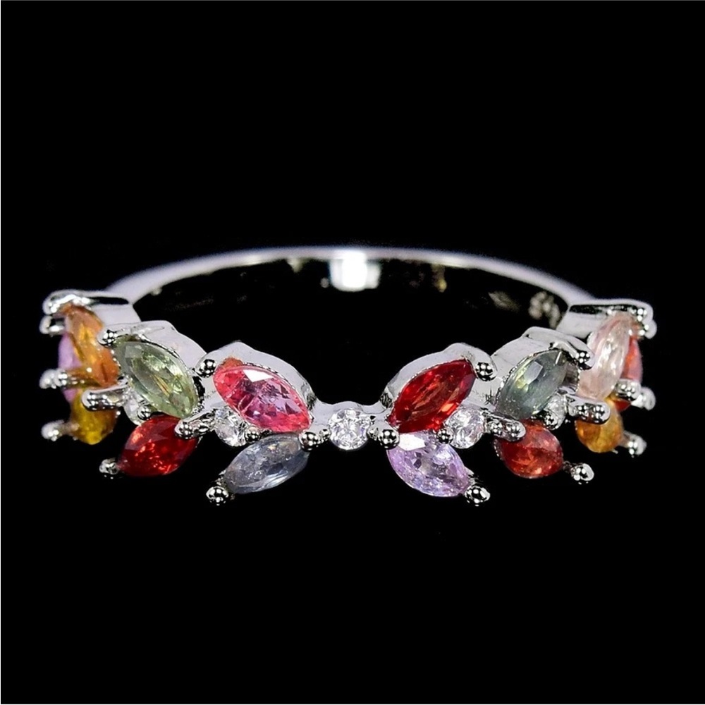 Stunning natural multi sapphire marquise cut in 925 Sterling Silver Ring Size 7